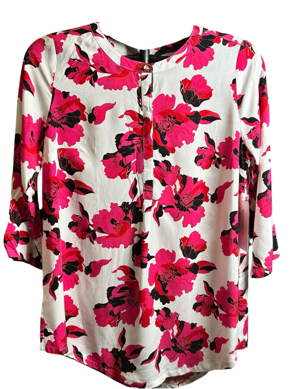 NWT Liz Claiborne Pink Black Floral Blouse Creama Cream S